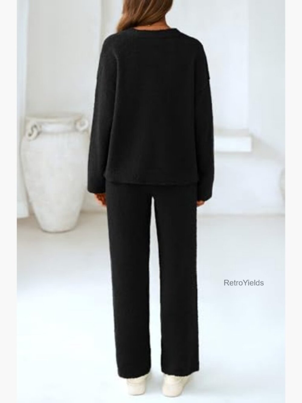 Two Piece Relaxed Knit Lounge Set Wide Leg Sweatpants Pullover V Neck - Picture 2 of 7